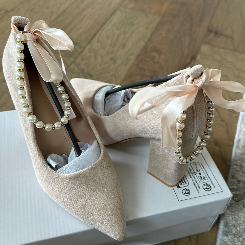 Suede block heels with gold and pearl detail